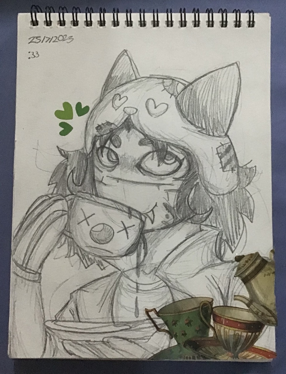A traditional drawing of Nepeta enjoying a cup of tea.